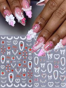 5D Rose Fruit Cream Nail Stickers 2pcs White Pink Rose Flower Strawberry Cherry Bow Sweetheart Chain Glasses Mask Birthday Cake Cream Design DIY Self-Adhesive Gel Polish Charm Manicure Decal Sliders Nail Art Decoration