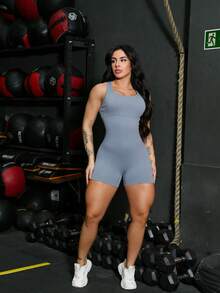 Seamless High Waist Ribbed Sports Gym Yoga Jumpsuit YI-60 - Grey - View 5