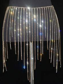 Gold-Plated Crystal Long Tassel Waist Chain Body Chain,A Sexy, Shiny Fringe And Crystal-Studded Dress For Belly Dancing, Featuring A Body Chain As An Accessory, Suitable For Western Performances.Waist Chain Body Chain Sexy Shiny Flow Soda Diamond Skirt Belly Dance Body Chain Show Accessories Europe And America