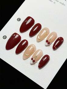 10 件手工制作性感深红色金线线圈白色法式 3D 樱桃杏仁形美甲贴纸，高端性感奢华指甲贴花 - 紅白色 - 查看 2