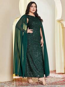 大码女式圆领全亮片刺绣无袖长裙，配长拖尾腰带，优雅紧身礼服，适合正式场合、派对、宴会 - 墨綠色 - 查看 6