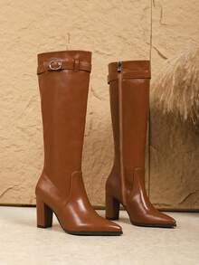 Women's European And American Style Soft Leather High Shaft Boots, Retro Brown Chunky Heel Side Zipper Knee-High Boots