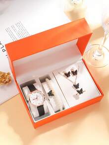 6 Stücke/Set Jugendliche einfache Bar Markierung Schmetterling Zifferblatt Lederarmband Quarzuhr + elegante Halskette Geschenkset, geeignet für Geburtstag, Abschluss, Schulabschluss usw.