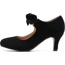 Women's Cute Bow Heels Mary Jane Kitten Heel Pumps Closed Round Toe Low Heels Ankle Strap Wedding Evening Party Dress Office Work Church Shoes-20256688 - 黑色絨面革 - 查看 7