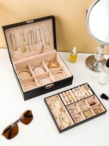 صندوق مجوهرات ذو طبقتين سعة كبيرة، صندوق تخزين مجوهرات محمول، صندوق مجوهرات للزينة، صندوق مجوهرات هدية من الجلد، حاوية عرض فاخرة للتخزين، صندوق مجوهرات متعدد الوظائف من جلد البولي يوريثان مع قفل لساعة، صندوق تخزين، صندوق تخزين خاتم وأقراط وقلادة، صندوق تخزين مجوهرات منزلي، صندوق منظم مجوهرات