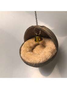 Natural Small Pet Coconut Shell Bird Nest, House, Bed, Breeding Nesting, Anti-Chew, With Warm Pad And Bell For Parrots, Cockatiel, Finches (Model A, One Size, No Pad, Random Bell Color)