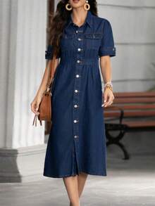 Women's Mid-Length A-Line Denim Shirt Dress With Button Collar & Flap Pockets | Casual Streetwear Button-Up Dress For Everyday Versatility - Rửa tối - Xem 2
