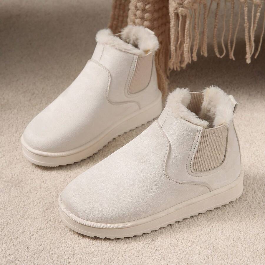 Sepatu Bot Salju Fleece Hangat Musim Gugur/Dingin Ukuran Plus 2024, Anti-Selip, Serbaguna, Sol Tebal Datar, Nyaman, Mudah Dipakai (Ukuran Lebih Kecil 1 Ukuran) - Putih - View 1