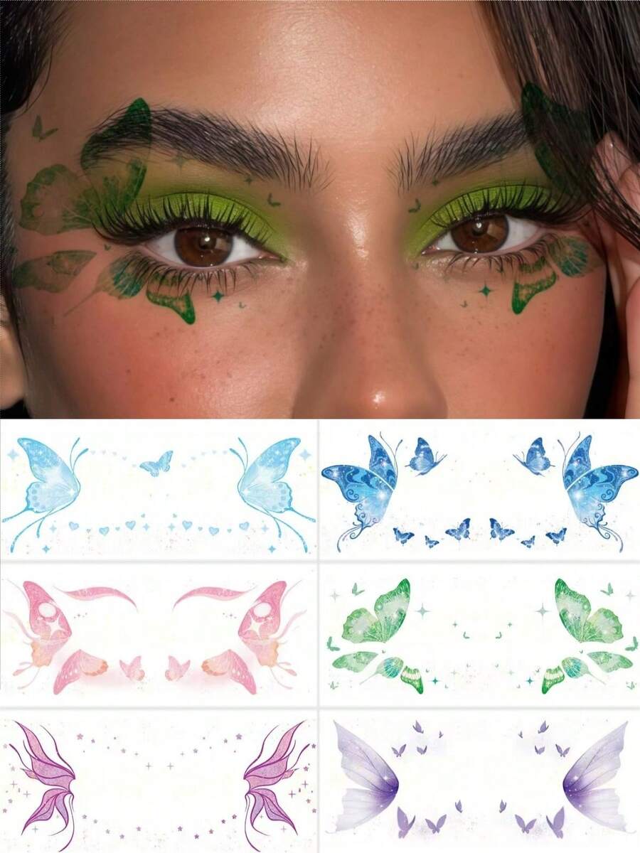 6pcs Colorful Butterfly Temporary Tattoo Stickers, Waterproof Glitter Eye Makeup Stickers, Suitable For Halloween, Valentine's Day, Festival Parties, Prom, Dates And Other Occasions - Multicolor - View 1