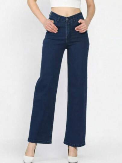 High Waist Stretchy Women Jeans Pants, Solid Color Pockets Button Zipper, Casual