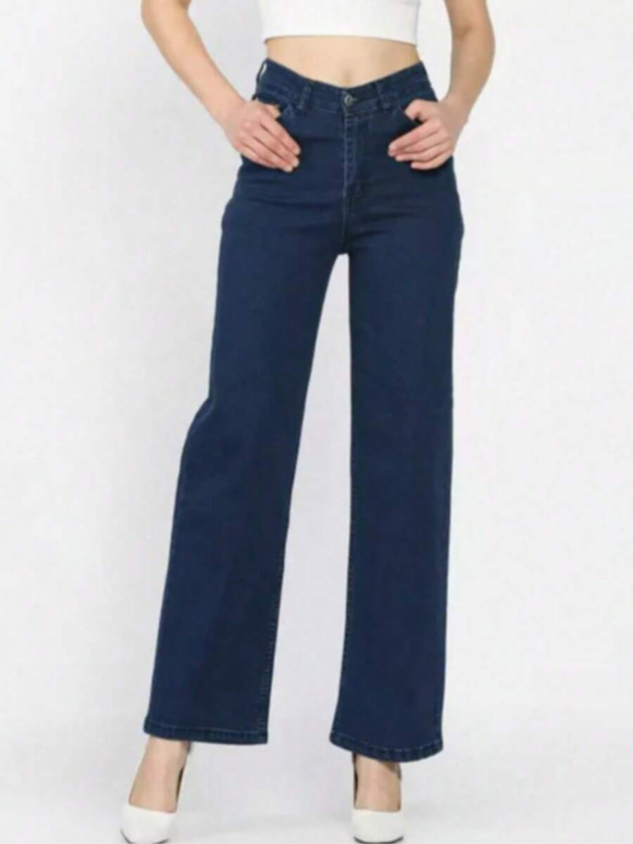 High Waist Stretchy Women Jeans Pants, Solid Color Pockets Button Zipper, Casual - Navy Blue - View 1