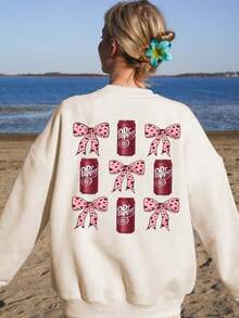 Bows And Soda Cans  Print Women's Sweatshirt, Round Neck Casual Sweatshirt, Suitable For Winter And Autumn, Women's Tops - 杏色 - 查看 3