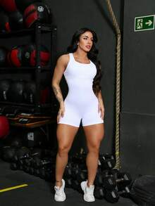 Seamless High Waist Ribbed Sports Gym Yoga Jumpsuit YI-60 - Blanco - Ver 4