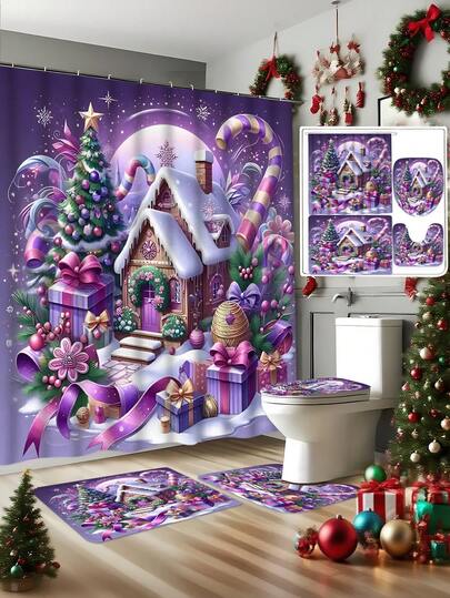 مجموعة ستائر الحمام في عيد الميلاد 1/3/4 قطع، ستارة نافذة الحمام، بنمط بيت الثلج والسنتا كلوز، تشمل ستارة الحمام، سجادة حمام مانعة للانزلاق، غطاء مقعد المرحاض على شكل حرف U، 12 خطاف، ستارة حمام قابلة للتركيب بسهولة، قماش بوليستر مقاوم للماء، قابل للغسل في الغسالة، مناسب لديكور جميع المواسم، هدية عيد الميلاد، ديكور عيد الميلاد، ديكور المنزل والحمام، هدية عيد الميلاد
