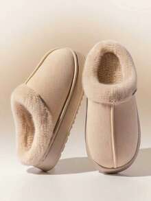 男女通用毛绒内衬拖鞋，舒适休闲风格，适合秋冬，毛茸茸的内衬，防滑厚底，纯色面料鞋面，适合户外穿着，可机洗，一脚蹬，防滑 EVA 鞋底，舒适厚底家居鞋 - 米色 - 查看 9
