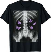 Egirl Xray Skeleton Pink Butterfly Harajuku Y2k Dark Grunge T-Shirt - 黑色 - 查看 1