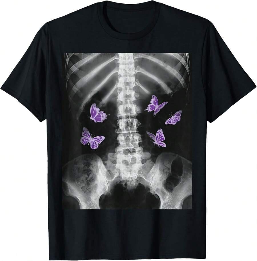Egirl Xray Skeleton Pink Butterfly Harajuku Y2k Dark Grunge T-Shirt - 黑色 - 查看 1