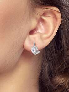 1 Pair Original 925 Sterling Silver Women Hoop Earrings Bright Big Heart White Cubic Zirconia Elegance Earrings Jewelry Gifts Fits Daily Party Shopping - Silver - View 2