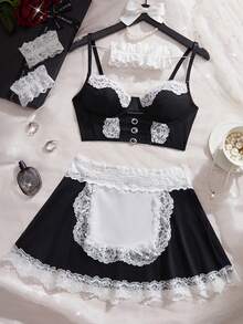 4pcs/Set New Sexy Women's Lingerie Set, Adjustable Straps, Front Slit Triangle Bra, Waist Sheer Lace Skirt, Lace Bracelet And Choker, Comfortable Seductive Intimate Apparel Set, Suitable For Carnival Parties - Black - View 7