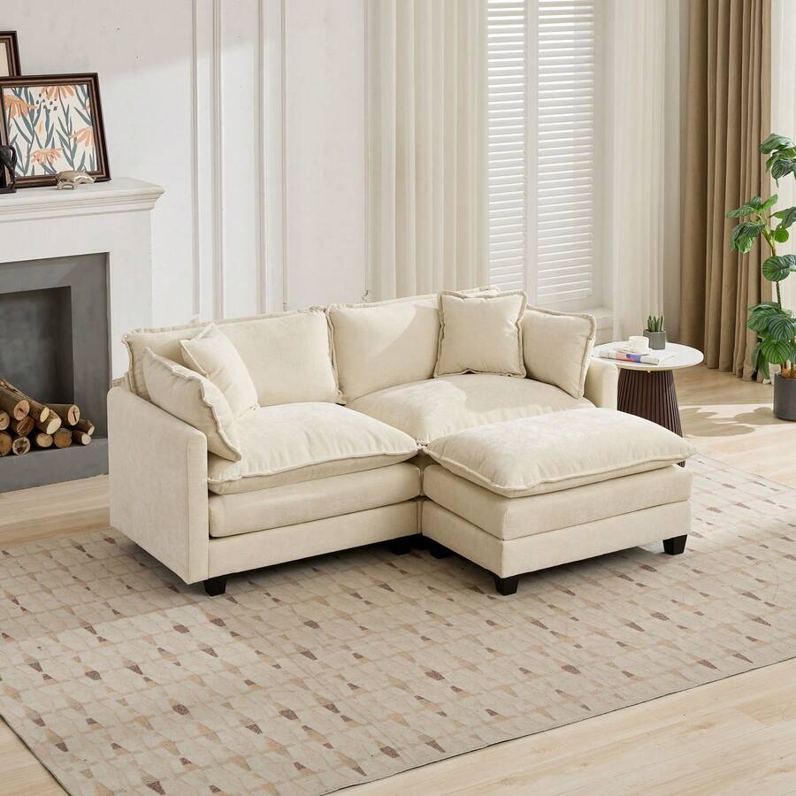 mikibama Modern Modular Sectional Sofa, 78" Upholstered Chenille Loveseat With Movable Ottoman Comfy L-Shaped Sofa, Oversized Deep Seat Cloud Couch With 2 Throw And Arm Pillows For Living Room, Beige - Beige Loveseat +1 Ottoman - 查看 1