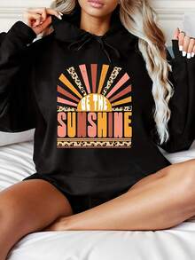 Women's Fashionable Black Hooded Sweater With Be Sunshine Pattern Print - Warm Long-Sleeved Pullover, Casual Strap-On Hooded Sports Shirt, Suitable For All Seasons, Casual Pullover Shirt
