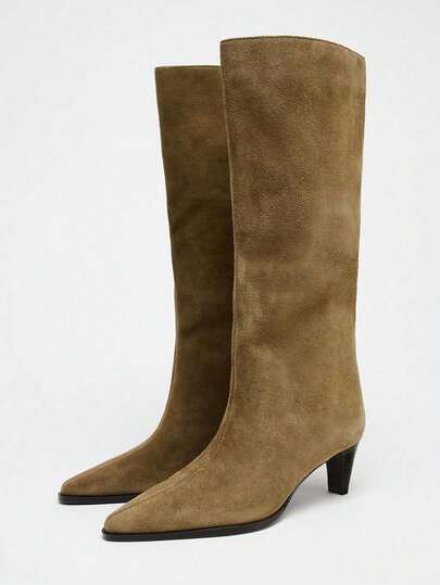 Fall/Winter Western Style Holiday Minimalist High-End Kitten Heel Short Boots For Women, 2025 Wide Shaft Mid-Calf Skinny Boots, Workwear Boots,Brown Boots,Kitten Heels