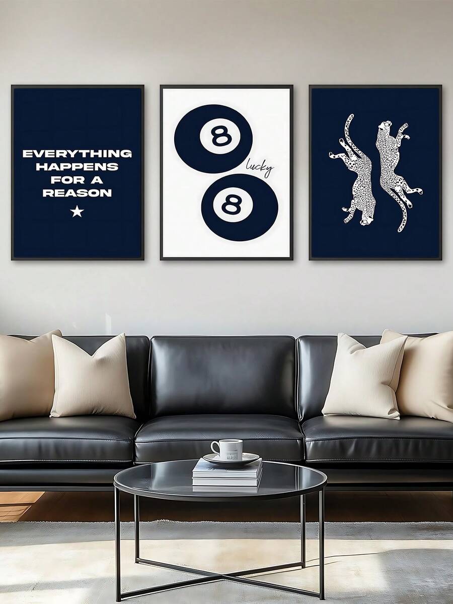3pcs Vintage Navy Blue Leopard Print Wall Art, Cheetah Print Canvas Wall Art, Funny 8 Ball Lucky Poster, Y2K Aesthetic Art, Bedroom Decor, Living Room Decor, Office Decor, Dorm Decor, Wall Art, Wall Decor, Home Decor, Room Decor, Canvas Wall Art, Poster, Framed Wall Art, Frame Options - Multicolor - View 1