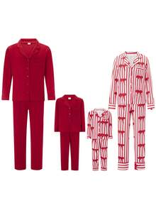 Family Matching Pajama Set Lapel Neck Button-Up Long Sleeve Tops Long Pants 2-Piece Bow/Solid Color Loungewear Outfit - Red - View 2