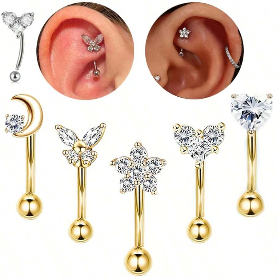 1pc 16G Stainless Steel Eyebrow Ring, Elegant Shiny Zirconia Piercing Jewelry, Curved Brow Bone Earring, Lip/Nose Ring, Rook/Daith Cartilage Earring, Exquisite Butterfly/Flower/Moon/Heart Beads, Unisex All Season