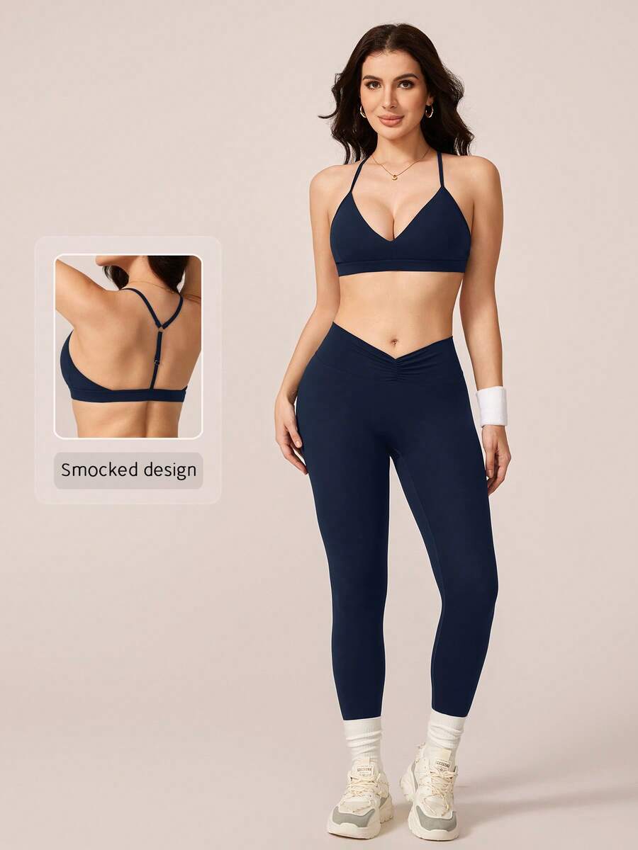 NcmRyu 1 set femei fără cusături confortabile casual culoare solidă sexy cu decolteu în V cu bretele încrucișate și talie în V cu bandă elastică pantaloni lungi pentru fitness, antrenament, alergare, yoga
