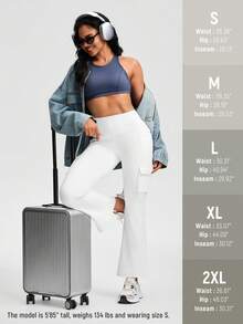 Womens Fleece Lined Pants High Waisted Flare Cargo Leggings For Women 6 Pockets Hiking Outdoor Winter Thermal - 白色 - 查看 7