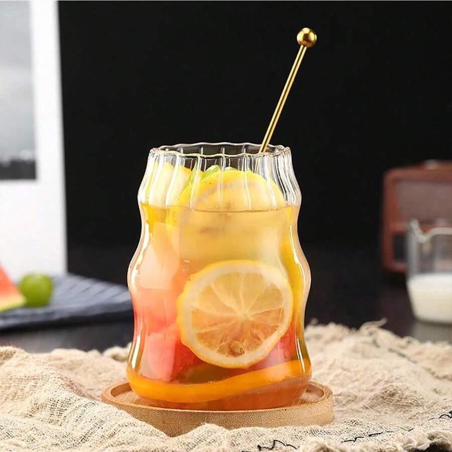 1/4pc Transparent Wave Texture Glass Drinking Cup, Modern Style Ripple Design Glass, For Iced Coffee, Tea, Milk And Cocktails, Suitable For Home And Party Use, Lead-Free Glassware, Comfortable To Hold, Very Suitable For Cold Drinks - Clear - View 1