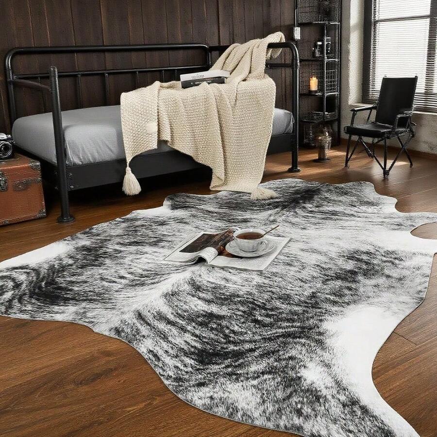 5'2" X 6'3" Faux Cowhide Rug - Cute Cow Print Area Carpet For Living Room & Bedroom | Multi-Color Animal Print Floor Mat For Office & Table Decor - 灰黑色 - 查看 1