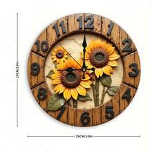 1PC 0x10in Country Sunflower Wooden Wall Clock - Silent Non-Ticking Quartz Movement, Vivid Yellow Sunflower And Green Leaf Design, Natural Wood Surface Treatment, Battery Operated (AA Batteries Not Included) - Perfect For Living Room, Bedroom, Kitchen Decoration - 棕色 - 查看 4