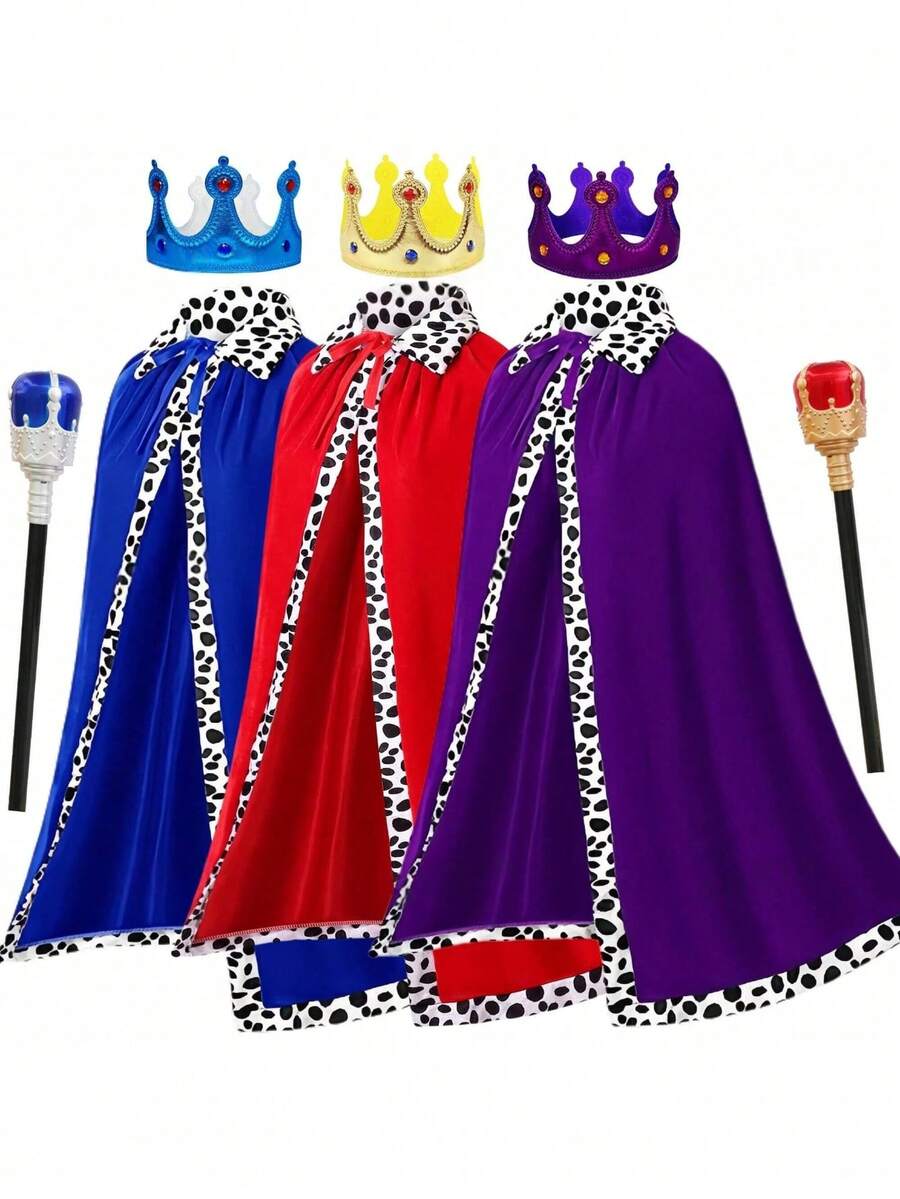 Capa de carnaval de 130 cm x 90 cm, disfraz de príncipe o rey con corona, varita y chal para actividades, fiestas y actuaciones, disfraces de Halloween y accesorios