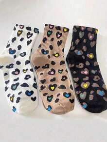 9 Pairs Women Leopard Print & Heart Pattern Mid-Calf Socks, Fashionable Minimalist Unique Retro Street Style Design, Suitable For Casual Outfits - Multicolor - View 8