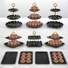 Pack Of 10 Cake Stand Set With 3 X TwoTier And 3 X ThreeTier Cupcake Stands 4 X Appetizer Trays For Birthday Baby Bridal Shower Party Gold - 黑色 - 查看 1