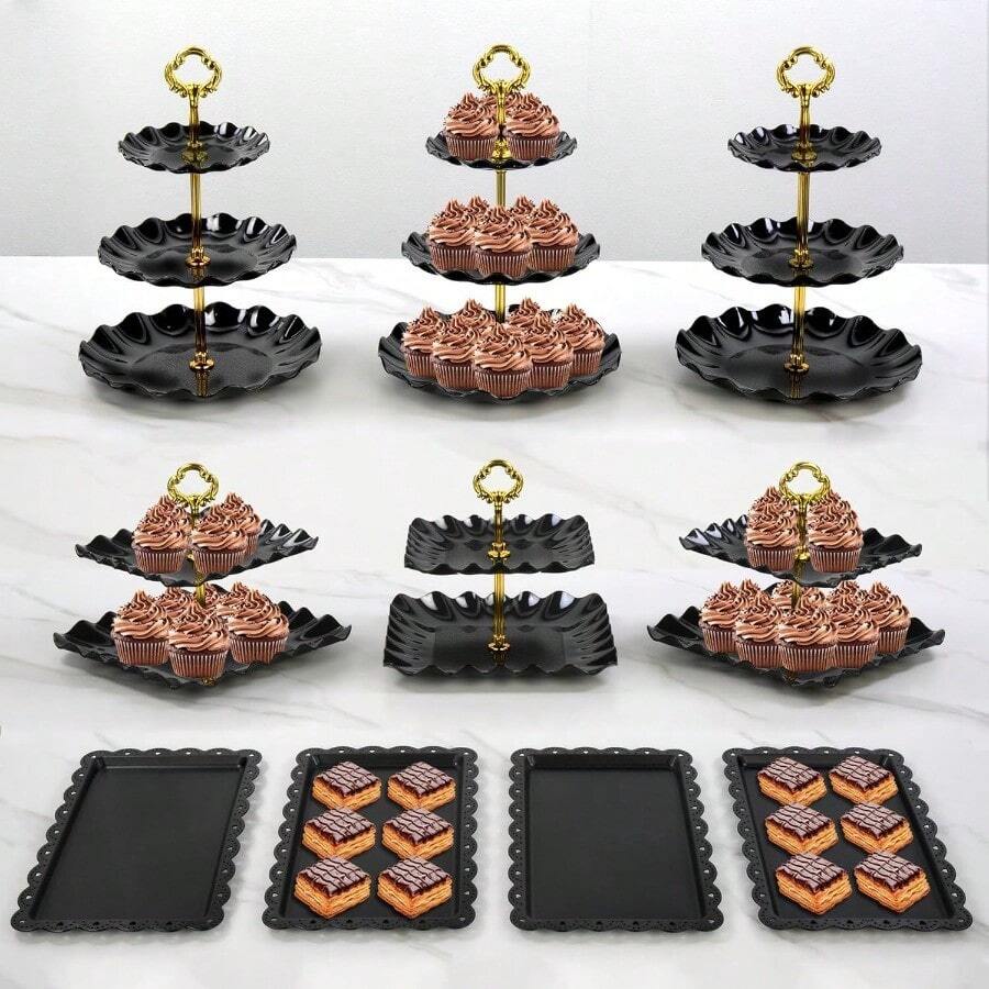 Pack Of 10 Cake Stand Set With 3 X TwoTier And 3 X ThreeTier Cupcake Stands 4 X Appetizer Trays For Birthday Baby Bridal Shower Party Gold - 黑色 - 查看 1