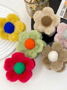 1 peça de acessório de cabelo com fecho coberto de tecido para meninas com lindas flores, presilha de cabelo para outono e inverno, acessórios de cabelo com garra para mulheres, para roupas de férias, presilhas de cabelo fofas com garra de pele, presilha de cabelo de pelúcia para inverno - multicolorido - Ver 4