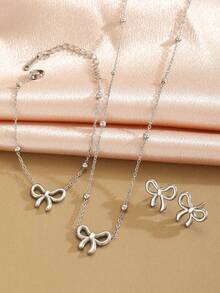 Set de 3 piezas: Collar con colgante de mariposa, pulsera y aretes de acero inoxidable plateado de moda exquisita, adecuado como accesorio de joyería de uso diario para niñas como regalo - Plateado - Ver 2