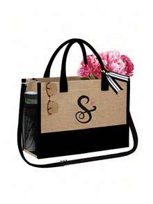 字母帆布手提袋套装，包含化妆包、洗漱包、钱包和个性化礼品袋，时尚休闲单肩包，适合婚礼、生日、海滩、度假、节日、上学等场合，是送给女性、妈妈、老师和朋友的绝佳礼物。 - 彩色 - 查看 18