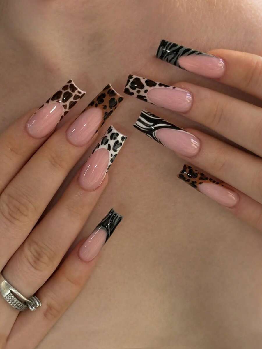 24pcs French Manicure Nail Stickers, Rectangular, Colorful Leopard Print & Zebra Pattern Design, Glossy Finish, Removable, Retro Minimalist Style, Full Coverage Fake Nails, Suitable For Women & Girls Daily Wear, Versatile For Autumn Nail Supplies - Multicolor - View 1