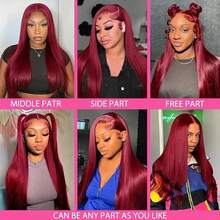 99J Colored Lace Front Human Hair Wigs Straight Burgundy 13x4 HD Transparent Full Lace Frontal Wig Red Glueless Wigs For Women - S99J - 查看 6