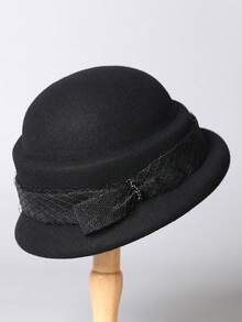 1 peça novo chapéu francês elegante versátil outono/inverno redondo de lã feltro, aba virada para cima decoração de laço chapéu de balde de aba pequena inverno quente