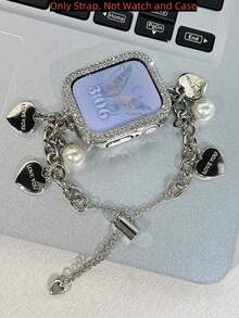 1 pieza Correa de reloj de mujer de lujo con corazón dorado y perla grande compatible con Apple Watch Series y Apple Watch Ultra