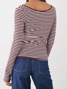 Womens Long Sleeve Crew Neck Striped Shirt Casual Cute Color Block Knit Tops  Fall Fitted Basic Outfits - Blue - View 2
