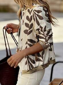 女式印花棒球夹克，带口袋，休闲度假舒适箔拼接飞行员夹克，春秋