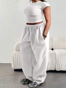 大码女式休闲宽松纯色松紧腰带口袋运动裤 - 白色 - 查看 1