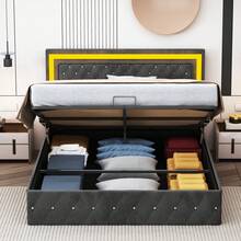 Letto contenitore 160*200cm con box letto, letto imbottito idraulico con illuminazione a LED, struttura letto matrimoniale con testiera regolabile in altezza e rete a doghe, letto boxspring, letto per ragazzi, tessuto in velluto delicato sulla pelle, (Beige/Nero)