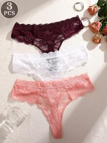 3件装女士蕾丝透气低腰性感丁字裤 - 彩色 - 查看 1
